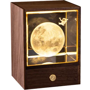 Creative retro black walnut wooden night light with glowing moon and astronaut crystal