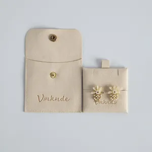 Premium beige microfiber jewelry pouch with snap button closure for elegant ring storage