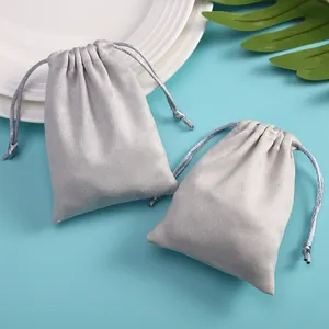 Grey Faux Suede Velvet Drawstring Pouches For Jewelry Packaging Earphone Power Bank Small Fabric Storage Pouch Bags