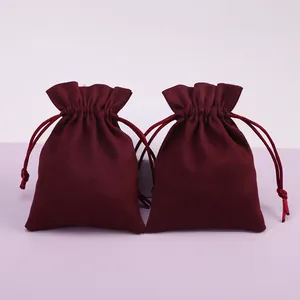 Bolsa de Joyería de Terciopelo de Gamuza Borgoña Cordón Bolsa de Regalo para Collar Anillo Pendientes Pulsera Borde de Volante