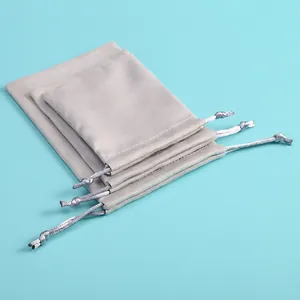 High-quality grey velvet drawstring pouches in three sizes for jewelry and gift storage