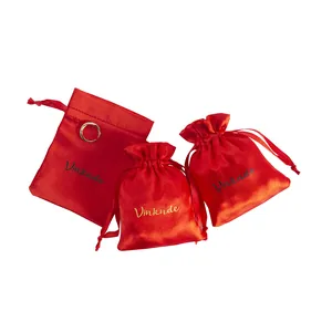 Elegant red satin drawstring pouches for jewelry gift packaging and dust bags set of three
