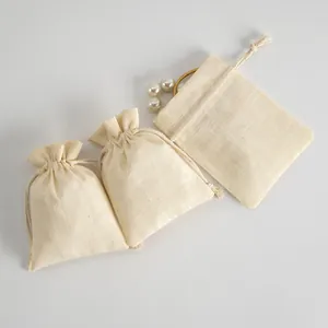 Elegante bolsa de joyería de algodón slub natural con cordón para almacenamiento