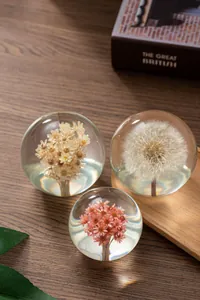Vue détaillée de trois sphères en cristal avec pissenlit et fleurs séchées colorées