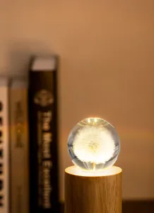Gros plan détaillé d'une lampe boule de cristal pissenlit sur un socle en bois.