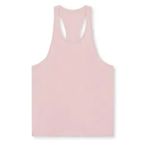 Close-up of a light pink racerback gym tank top for men with breathable fabric.