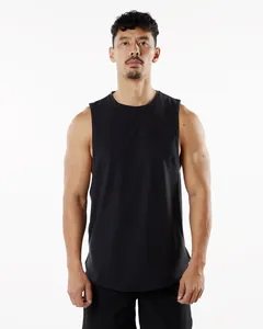 Detailed front view of a men's black breathable sleeveless sports tank top for fitness