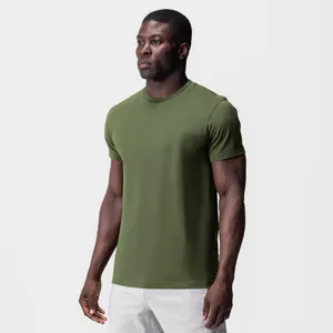 Close-up view of olive green athletic cotton stretch T-shirt on male fitness model