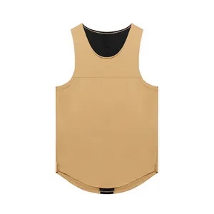 Front view of khaki athletic tank top with curved hem and black interior lining