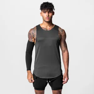 Front view detail of men's quick-dry breathable sports tank top in dark gray