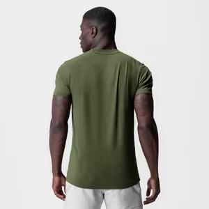 Professional back view of men's olive green muscular fitness cotton stretch shirt