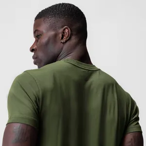 Rear view detail of olive green muscle fit cotton t-shirt for fitness training