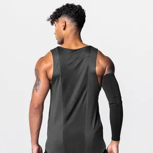 Rear view of men quick-dry sports tank top in dark grey with splicing panels