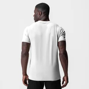 Rear view of a white muscle-fit stretch cotton athletic crew neck gym T-shirt for men