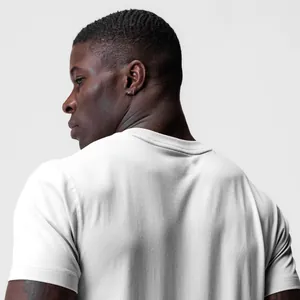 Back view detail of men's slim fit white cotton gym T-shirt showing fabric texture
