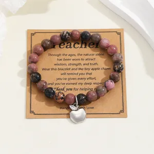Handmade natural stone bead bracelet with silver apple charm on teacher gift card
