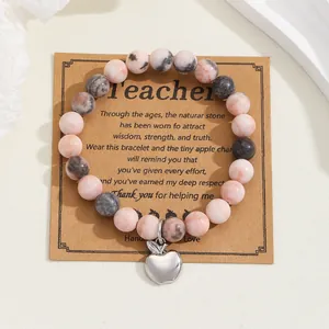 Handmade pink zebra jasper stone beaded bracelet with silver apple charm for teacher