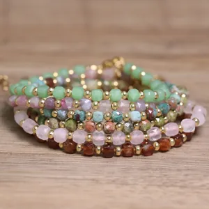 Detailed shot of faceted natural stone beaded bracelets in vibrant dopamine colors