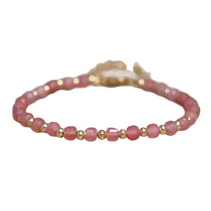Handmade 4x6mm pink natural stone and crystal beaded bracelet for women