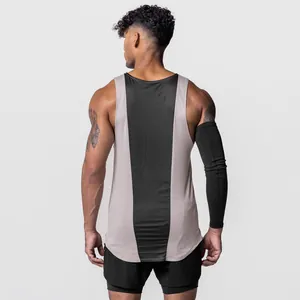 Back view of men's quick-dry sports tank top with black and gray color blocking detail