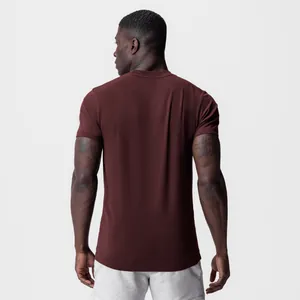 Back view of a men's burgundy muscle fit cotton t-shirt for fitness training