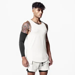 Professional fitness model wearing men's white quick-dry sports tank top and shorts