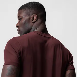 Close-up of maroon muscle fit cotton t-shirt showing fabric texture and back fit