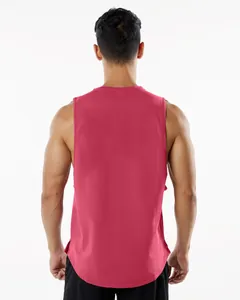 Detailed back view of a red men's athletic tank top with side slits for gym.