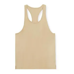 Detailed view of a breathable khaki men's racerback sports vest for gym workouts