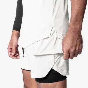 Detailed macro view of quick-dry men's athletic tank top hem and layered sports shorts
