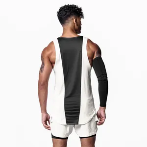Back view of a men's quick-dry sports tank top featuring a black and white spliced design