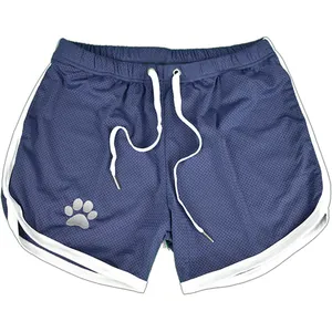 Frontal detail of men's navy blue mesh athletic shorts featuring white trim and a paw print