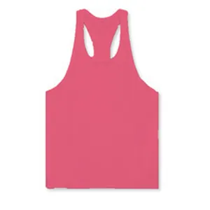 Close-up detail of a men's breathable solid pink racerback gym tank top for workout