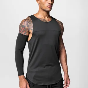 Close-up of a men's black quick-dry athletic tank top with a matching arm sleeve detail.