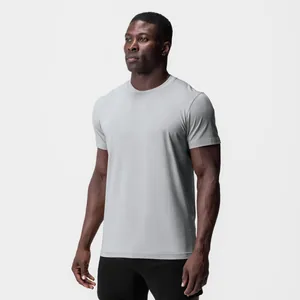 Side view detail of a men's light grey muscle fit athletic T-shirt in stretch cotton.