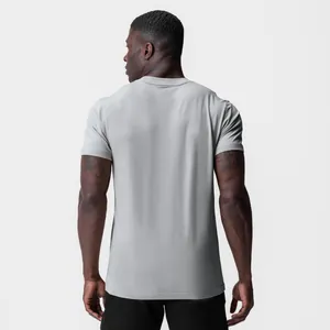 Detailed back view of a professional grey muscle fit gym t-shirt for men in stretch cotton.