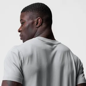 Back view of men's grey slim fit cotton stretch muscle t-shirt for gym workout