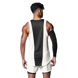 Back view of men's quick dry breathable patchwork sports tank top for gym training
