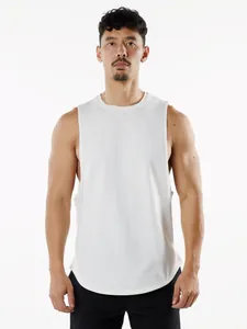 Men's white breathable athletic tank top with curved hem for gym and basketball