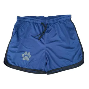 Quick-dry blue mesh men's sports shorts with black drawstring and paw print logo.