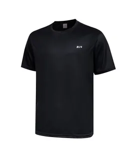 Detailed view of black quick-dry sports t-shirt with small grid texture and RUN print