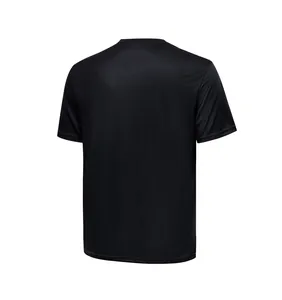Rear view of a black men's quick-dry sports t-shirt showing small grid fabric texture
