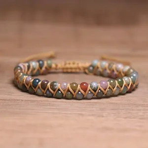 Bracelet de Perles en Pierre Naturelle Tressé à Double Couche Fait à la Main Agate Indienne Yoga Réglable Bijoux