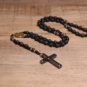 Collar de Colgante de Cruz Religiosa para Hombre Piedra de Lava Ojo de Tigre Hematita Medalla San Benito Joyería