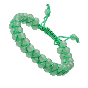 Detailed view of handmade double-row green Amazonite beads with adjustable braided cord