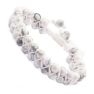 Close-up detail of a double-row hand-woven white marble stone adjustable bracelet
