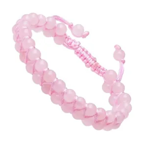 Elegant handmade double-row pink natural stone beaded bracelet with adjustable woven cord