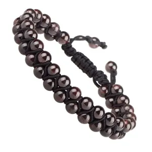 Hand-woven double row natural dark red garnet stone bead adjustable bracelet for women