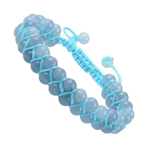 Hand-woven natural Amazonite stone bracelet with double-row beads and adjustable cord