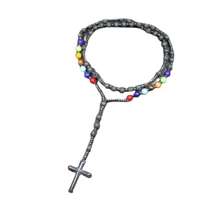 Handgemaakte natuurlijke lavasteen chakra kralenketting met hematiet kruis hanger